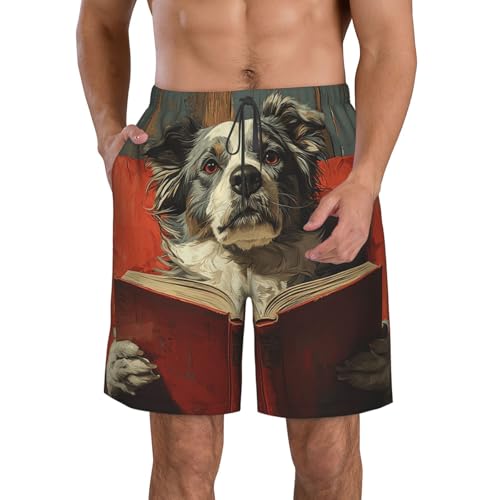 Men Swim Trunks Beach Shorts Swimwear Summer Bathing Suits - Dog Reading Book Retro