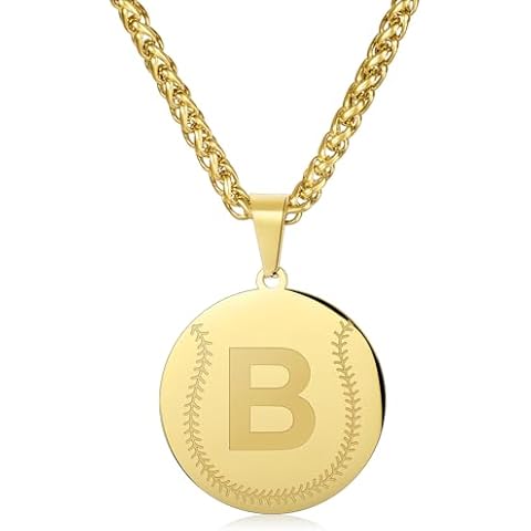 AMITER Baseball Necklace with Initial, Personalized A-Z Letter Baseball/Softball Pendant Necklace for Men & Women - 14K Gold Painted Cover