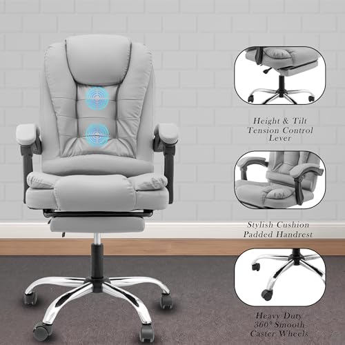Image of Casa Copenhagen Italia Leatherette Office Chair for Work | Boss Chair, Luxurious Cushioned Arms & Seat, 2 Point Back Massager, Adjustable Leg Rest, Heavy Duty Metal Base (Light Grey)