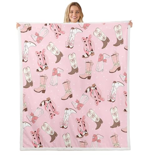 Image of Cowgirls Sherpa Blanket For Girls Cowboy Hat Boots Fleece Blanket Baby 30"X40" Pink Kawaii Bow Tie Throw Blanket Rustic Horseshoe Cactus Plush Bed Blanket For Kids Teens Woman Decorative Sofa Couch