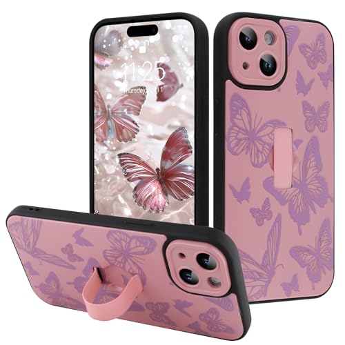 Image of for iPhone 15 Case with Finger Strap Holder, Cute Cool Butterfly Print Pattern Design for Women Girls, Shockproof Anti Scratch Hand Kickstand Protective Cover, Pink