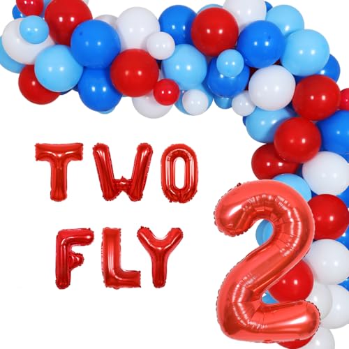 Two Fly Birthday Party Decorations, Airplane 2nd Birthday Decorations for Boys Girls - Blue and Red Balloon Garland, Airplane and Cloud Foil Balloons, Two Fly Letter Balloons