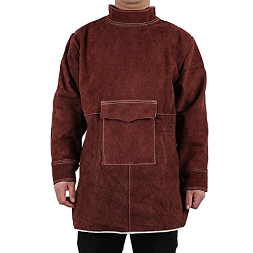 Cylele Mgg Schweißerschutzschürze Aus Leder Mit Stehkragen, Elektroanzug, Boiler-Overall, Ärmelschutz, Flammschutz-Lätzchen für Herren, Elektriker, Arbeiter, 85Cm,Braun,XXL Cover
