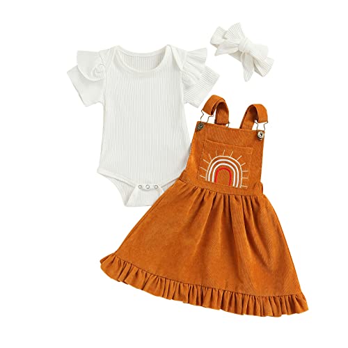 Image of Baby Girl Summer Clothes Ruffle Short Sleeve Ribbed Romper Rainbown Suspender Skirts Infant Overalls Dress ( Short Sleeve Jumpsuit Brown Rainbow Dress, 6-12 Months)
