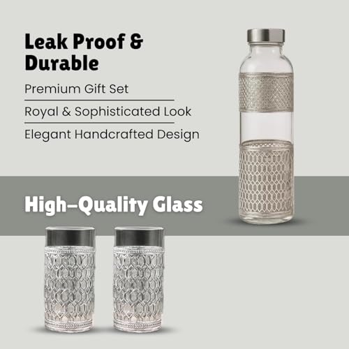 Image of German Silver Water Bottle 1 Ltr | Premium Embossed Design | 100% Pure | Leak-Proof | 2 Water Glass 300ml each | Premium Serving Set for Home & Office | Best for Gifting (Transparent)