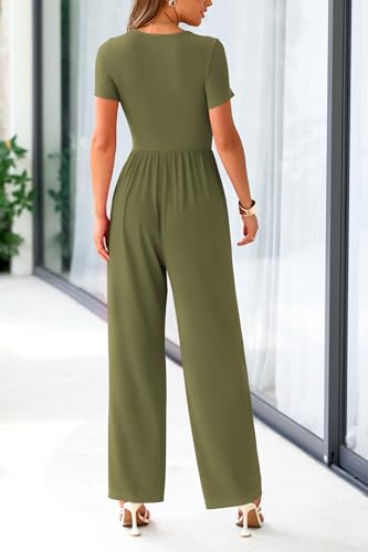 PRETTYGARDEN Women's Summer One Piece Jumpsuits Dressy Casual Short Sleeve Square Neck Wide Leg Jumpsuit Rompers