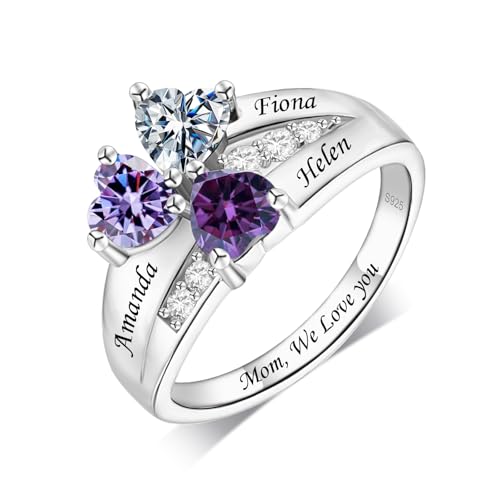 Personalized Birthstone Rings for Women Custom Mothers Name Rings with 2-3 Birthstones 925 Sterling Silver Engraved Text Promise Rings Wedding Mother's Day Jewelry Gifts for Mom Wife Grandmother