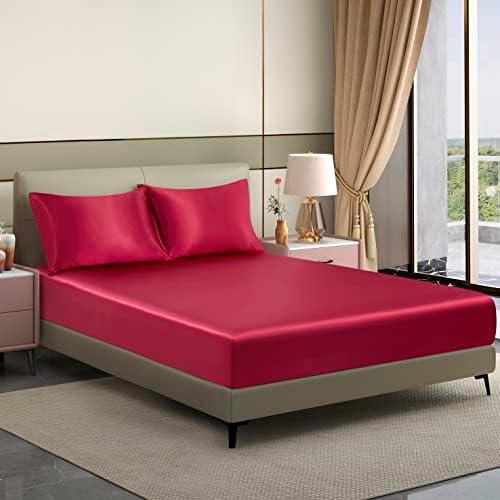 Deng Chao Satin Fitted Sheet Only, Queen Size Wine Red 15 Inches Deep Pocket Bottom Sheet for Mattress, Soft Silky Fully Elasticized Wrinkle & Fade Resistant Fitted Bed Sheets…