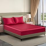 Deng Chao Satin Fitted Sheet Only, Queen Size Wine Red 15 Inches Deep Pocket Bottom Sheet for Mattre