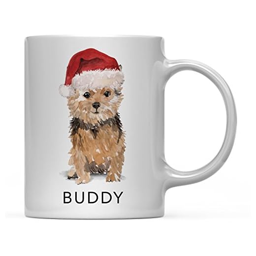 Andaz Press Personalized 11oz. Dog Coffee Mug Gift, Norfolk Terrier with Santa Hat, 1-Pack, Custom Name Pet Animal Christmas Gift for Him Her Dog Mom Family