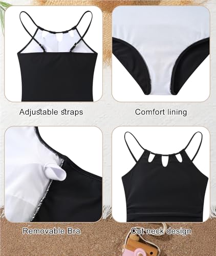 Cuddomper Girls Swimsiut Size 9-10 Black One-Piece Bathing Suit with Tropical Print Mesh Cover Ups Cut Out Adjustable Straps Summer Swimwear — view 5