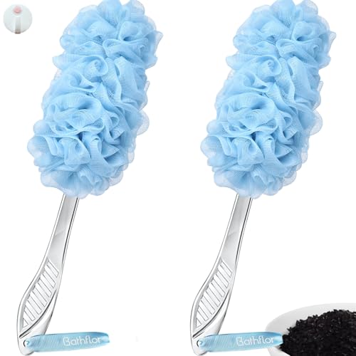 (2+1) Pack Back Scrubber for Shower，Loofah with Handle: 2PCS Long Handle Loofa Back Scrubber, 1PCS Luffa Hook, Charcoal Loofah Pack for Women Men Bath Wash, Blue