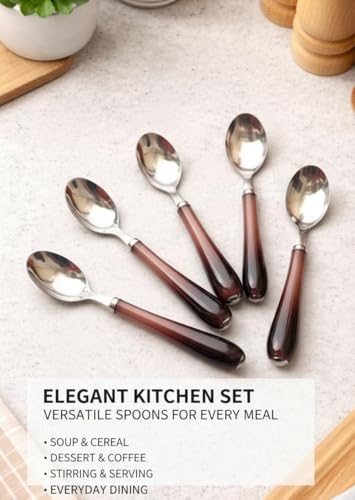 Image of Habib Spoon Set Stainless Steel with Shiny Colors Plastic Handle for Kitchen and Dining Table, Lunch and Dinner Pack of 6 Pcs (Chocolete Color)