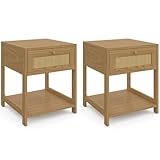 IDMarket – Juego de 2 mesitas de noche HANAE Vintage 1 cajón con estante efecto natural cannage