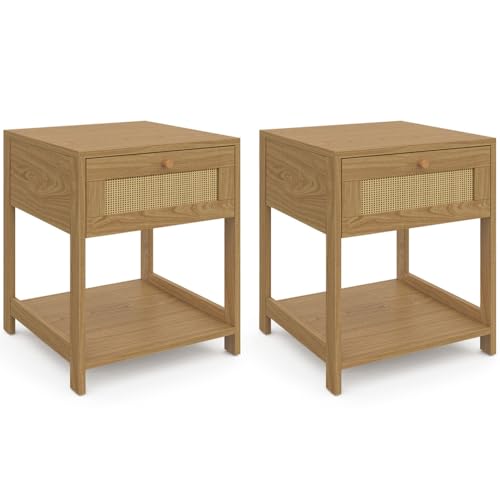 IDMarket – Juego de 2 mesitas de noche HANAE Vintage 1 cajón con estante efecto natural cannage