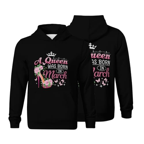 Kids Retro A Queen Was Born In March Boys Girls Lightweight Kangaroo Pocket Fleece Hoodies - Main Image