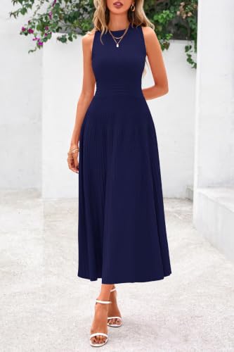 Image of PRETTYGARDEN Spring Casual Dresses for Women 2026 Summer Business Work Midi Sleeveless A Line Pleated Cocktail Dress
