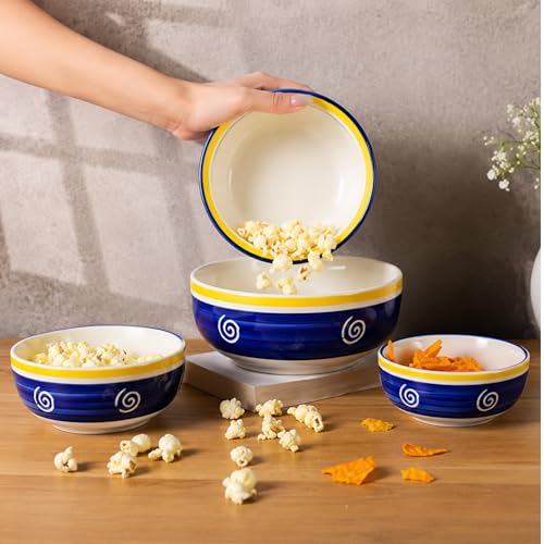 Image of Niyara Stoneware Handmade Ceramic Stylish Premium Serving Bowls /Salad Tray Microwave Dishwasher Safe Set of 4 (Blue Swirl Designer)