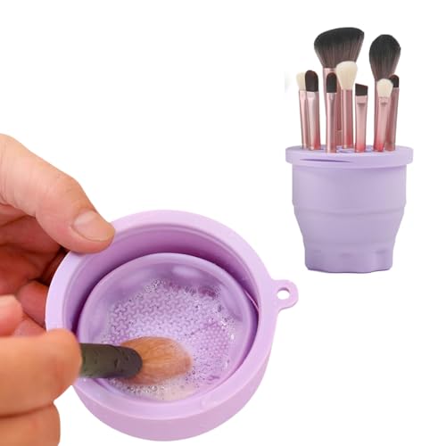 3-IN-1 Silicone Makeup Brush Cleaner & Holder - Portable Folding Washing Tool,Travel-Friendly Brush Cleaner Mat for Brushes,Sponge,Powder Puff - Cosmetic Brush Cleaning & Drying Organizer-Purple