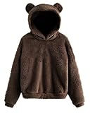 CORIRESHA Cute Teddy Bear Ears Hoodie Long Sleeve Soft Warm Fleece Homewear Coffee