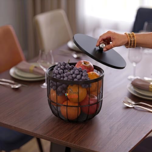 Image of Decorative Net (Jaali) Design Fruit and Vegetables Basket with Natural Wooden Lid | Premium Insect Resistant Storage Organizer for Home and Kitchen - Black