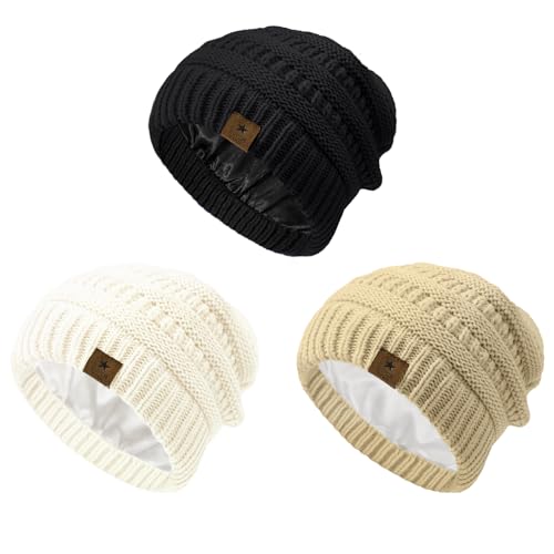 Image of Century Star 3 Pack Baby Winter Hat Satin Lined Baby Beanie for Boys Girls Warm Knit Infant Toddler Hats Cap