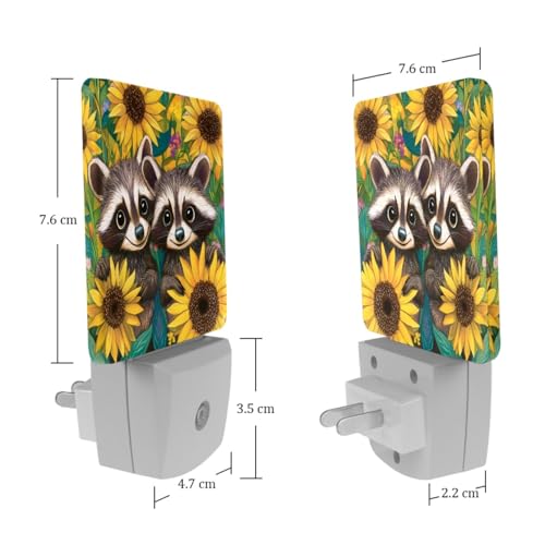 Image of NEWzone Raccoons Sunflowers Night Light Set of 2, Auto Sensor LED Dusk-to-Dawn Nightlights, Plug-in Sensor Lamp for Bedroom Bathroom Kitchen Hallway Stairs Decorative