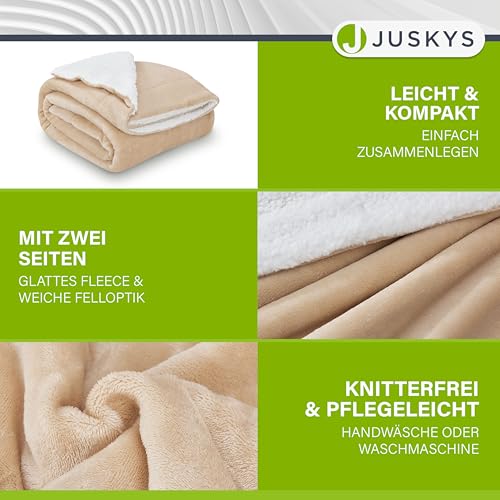 Juskys Fleecedecke 150x200 cm mit Sherpa - flauschig, warm, waschbar - Decke für Bett und Couch - Tagesdecke, Kuscheldecke Sand