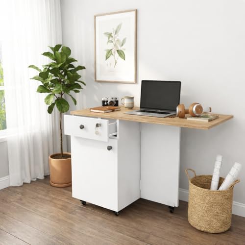 Image of Klaxon Foldable Study Table with Drawer & Storage Shelf | Compact Desk for Home & Students | Folding Design with Lockable Wheels. (Black, DIY Installation) (White, Kora)