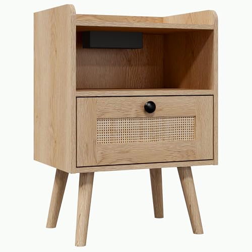 Panana Bedside Tables with Power Strip Side Table with 1/2 Hand Made Rattan Decorated Drawers Wood Nigntstand End Table for Living Room Bedroom and Small Spaces (Wood 1 Drawer)