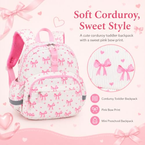 Image of LOIDOU Toddler Backpack for Girls Ages 2-4, 12 Inch Mini Preschool Daycare Bookbag with Insulated Snack Pocket, Corduroy Small Kids Travel Backpack, Pink Bow