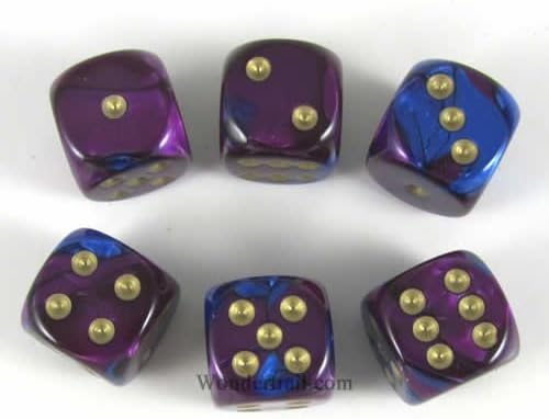 Wondertrail Blue Purple Gemini with Gold Pips 16mm D6 Dice Set of 6 WCX26628E6