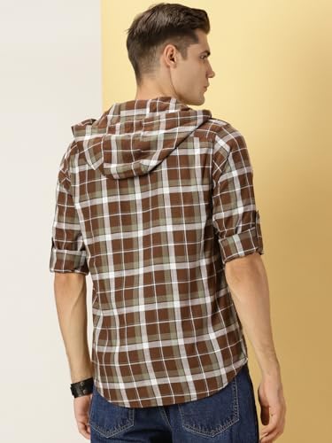 Image of Thomas Scott Men's | Checks | Full Sleeve | Regular Fit | 100% Cotton | Hooded | Casual Shirt