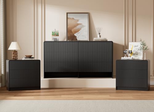 Image of Furniway Bedroom Dresser Set 3 Piece, 6 Drawer Curved Dresser with 2 Nightstands, Modern Fluted Wood Storage Cabinet, White Chest of Drawers with Pop-Up Design, Black