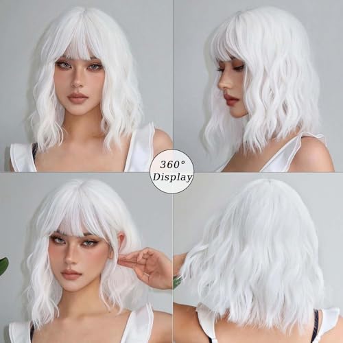 andromeda White Wavy Wig with Bangs Soft Short Bob Wigs for Women Synthetic Shoulder Length Women's Wig for Halloween Costumes Cosplay Daily (White) — view 4