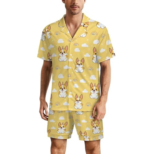 Corgi Dog Mens Pajamas Set Short Sleeve Sleepwear Summer Pjs Sets 2 Piece Loungewear Nightwear
