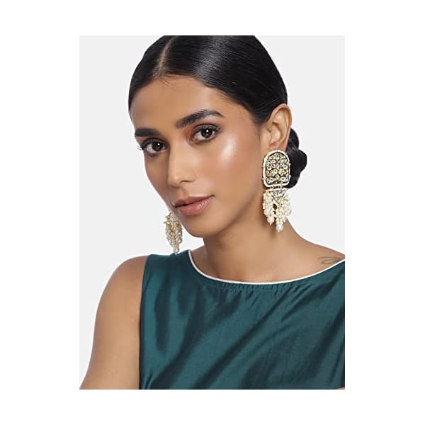 I Jewels 18k Gold Plated Kundan Pearl & Beades Studded Dangle Earrings for Women (E2944) - Image 4