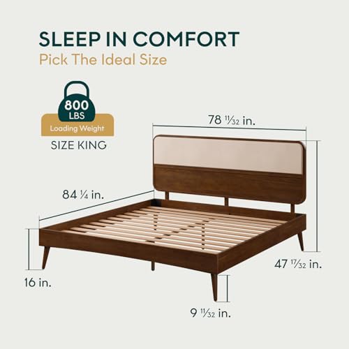 Image of Bme Solid Wood Calista King Bed Frame - Chestnut Finish Platform Bed with Upholstered Headboard, Mid-Century Modern Style with Sturdy Slats & Tapered Legs, No Box Spring Needed