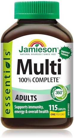 Jamieson 100% Complete Multivitamin for Adults, with Lutein, Calcium, and Biotin. Supports Immunity, Energy, and Overall Health, Packed with Antioxidants, Gluten-Free, One Per Day, 115 Caplets