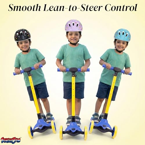 Image of STREETJAM Komiks Kids Kick Scooter for 3-12 Years, Tilt & Turn Safety Lock (1st Time in India), BIS Approved, Lean-to-Steer, Wide Deck, Adjustable Height, Up to 35 kg Load (Blue with Golden Yellow)