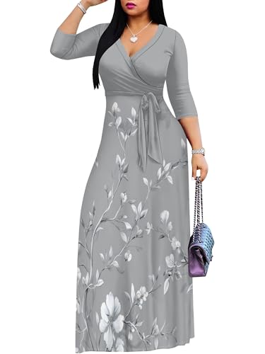 Image of PinkPatty Women's Long Sleeve Maxi Dress Plus Size Trendy Wedding Guest Wrap Dress with Pockets&Belt