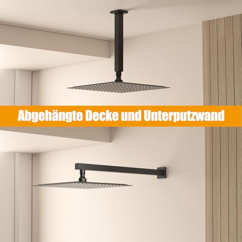 BESy 12 Zoll Regendusche Duschkopf Badezimmer, Kopfbrause Hochdruck Wassersparend Eckig Edelstahl 304 (30x30cm), 1/16 Zoll ultradünn, Wasserfall Duschkopf mit Anti-Kalk-Düsen, Mattschwarz