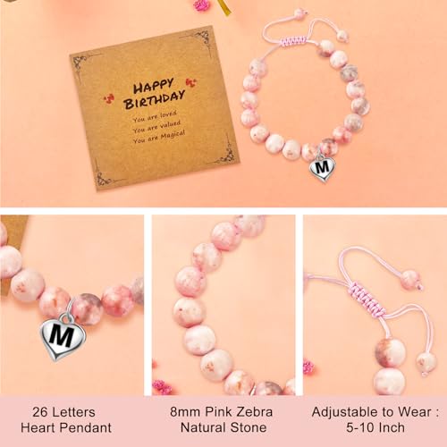 Initial Letter Birthday Graduation Gifts for Her, Adjustable Beaded Natural Stone Bracelet with Heart Charm for Daughter, Niece,Sister and Friend4