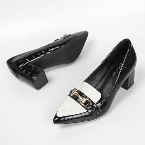 Two Tone Dressy Slip On Loafer Heels for Women Pointed Closed Toe Low Chunky Block Heeled Loafers Pumps Women's Comfort Work Business Black Formal Shoes with Metal Chains4