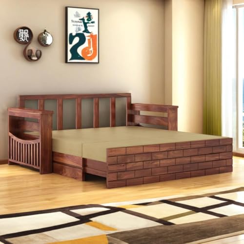Image of MAMTA DECORATION Wooden Sofa Cum Bed for Living Room | Solid Sheesham Wood Convertible 3 Seater Diwan Sofa Bed with Pull-Out Storage Armrest | Folding Double Bed for Home & Guest Room | Honey Finish