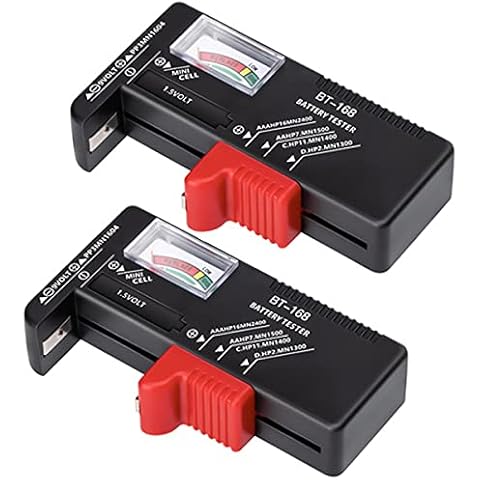 2 Pack Battery Tester Universal Battery Tester Monitor for AA AAA C D 9V 1.5V Button Cell Batteries Battery Life Level Testers Model: BT-168 Cover