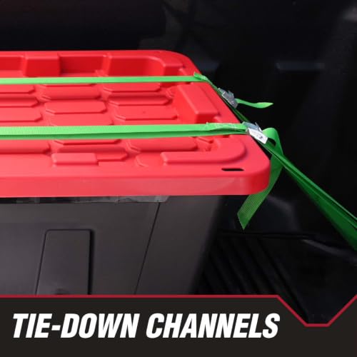 Image of Storage Bins 27 Gal Stackable with Lids 4 Pack for Garage Basement | Stackable with Lockable Lid Option - Secure stacking design with tie-down holes for zip-ties or padlocks.