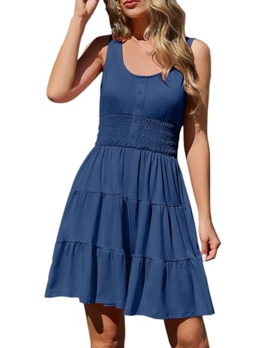 Image of Summer Dresses for Women Casual Sleeveless Sundresses Elastic Waist Mini Sun Dress