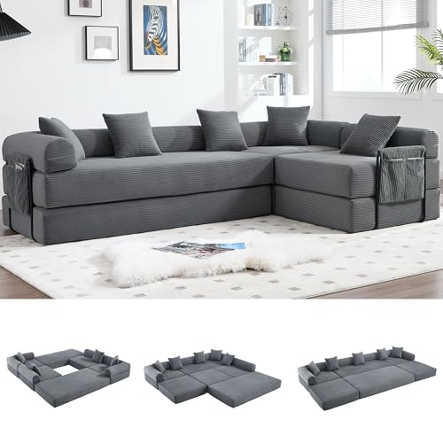Image of L-Shape Modular Sectional Sofa Bed, Corduroy Boneless Couch, Grey