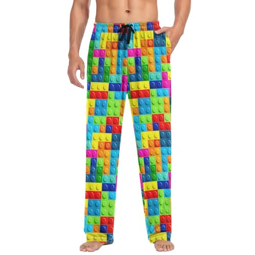 Colorful Toy Building Blocks Pattern Men's Pajama Pants Soft Lounge Lightweight with Drawstring and Pockets3